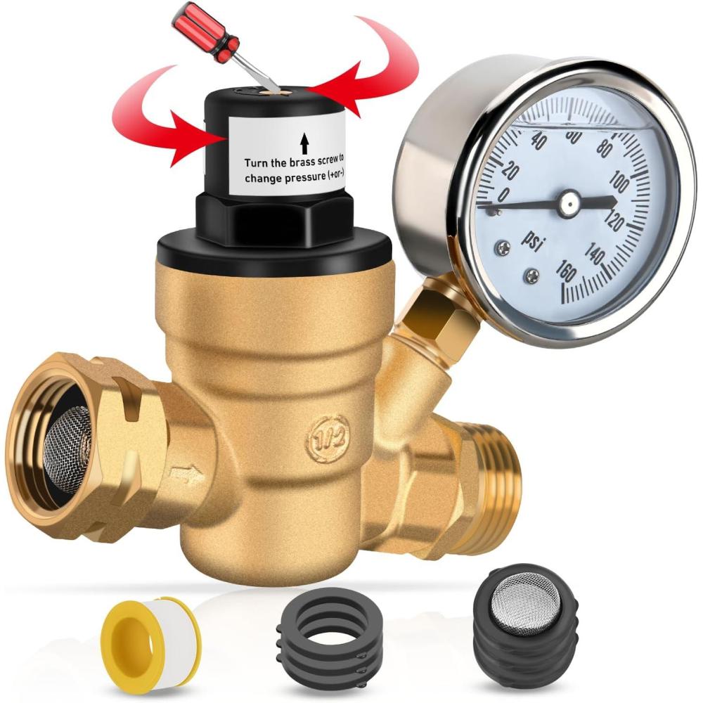 imageNilight RV Water Pressure Regulator for RV Camper Water Hose Pressure Regulator with Oil Filled Gauge and Inlet Brass Leadfree Adjustable RV Water Pressure Regulator Valve for Camper Travel TrailerScrewdriver Adjustable  Oil Filled Gauge