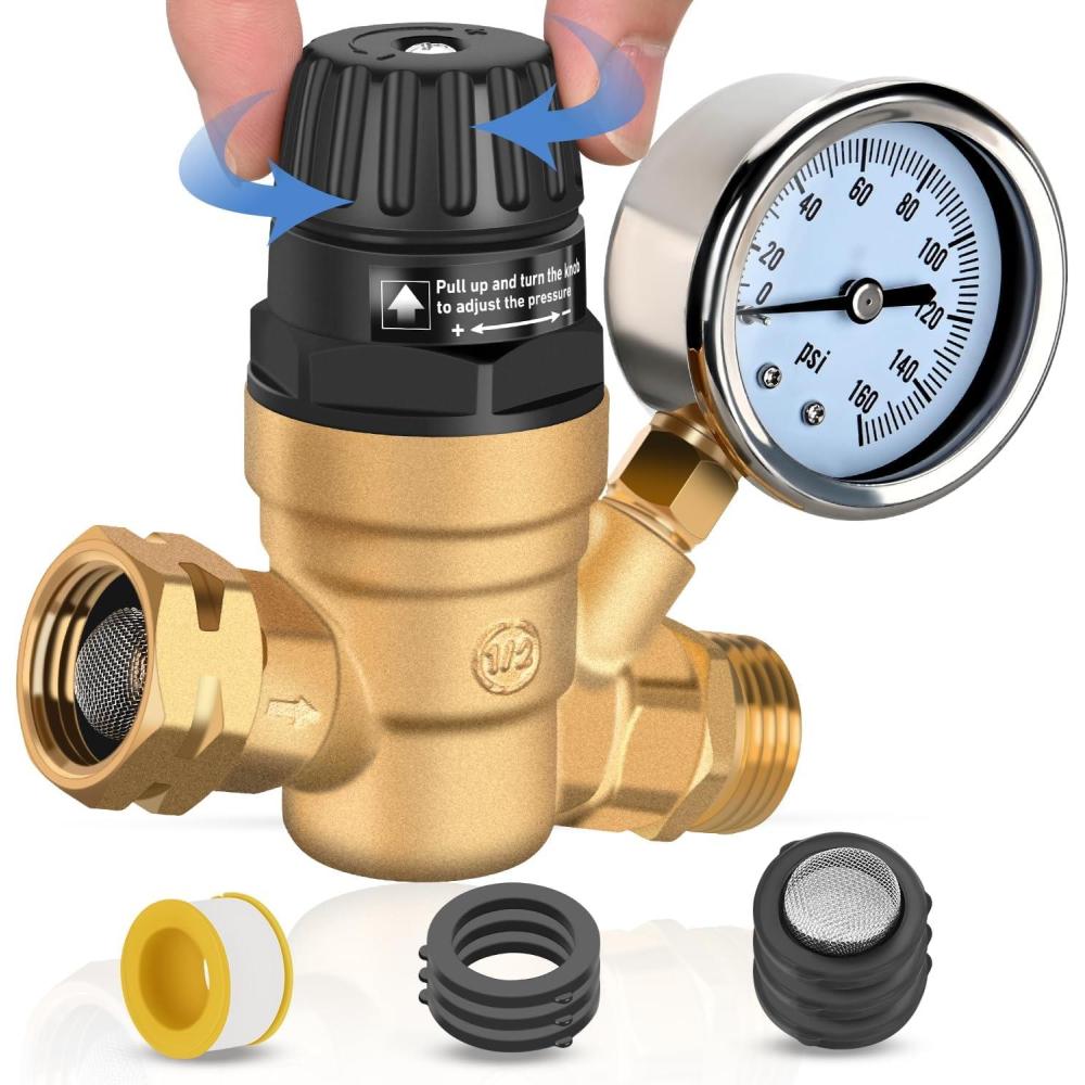 imageNilight RV Water Pressure Regulator for RV Camper Water Hose Pressure Regulator with Oil Filled Gauge and Inlet Brass Leadfree Adjustable RV Water Pressure Regulator Valve for Camper Travel TrailerHandwheel adjustment