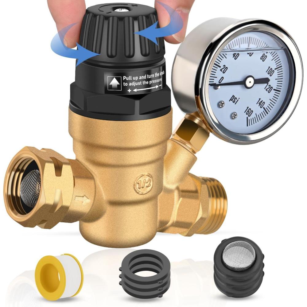imageNilight RV Water Pressure Regulator for RV Camper Water Hose Pressure Regulator with Oil Filled Gauge and Inlet Brass Leadfree Adjustable RV Water Pressure Regulator Valve for Camper Travel TrailerHandwheel adjustment  Oil Filled Gauge