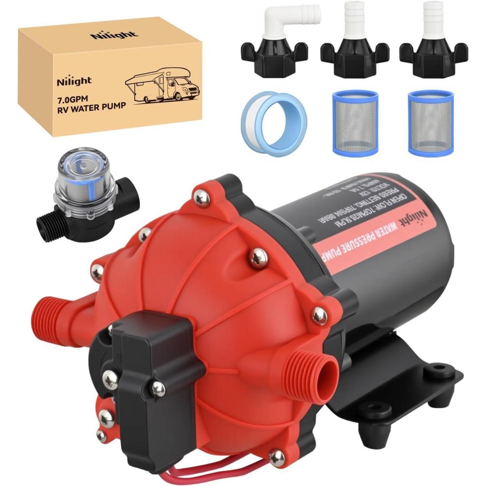 imageNilight RV Water Pump 12v Water Pump 35 GPM 45 PSI with Pressure Switch and Strainer Heavy Duty Diaphragm Pump 12 Volt DC Upgrade SelfPriming Low Noice for RV Marine Yacht Caravan Camper Trailer70GPM Water Pump