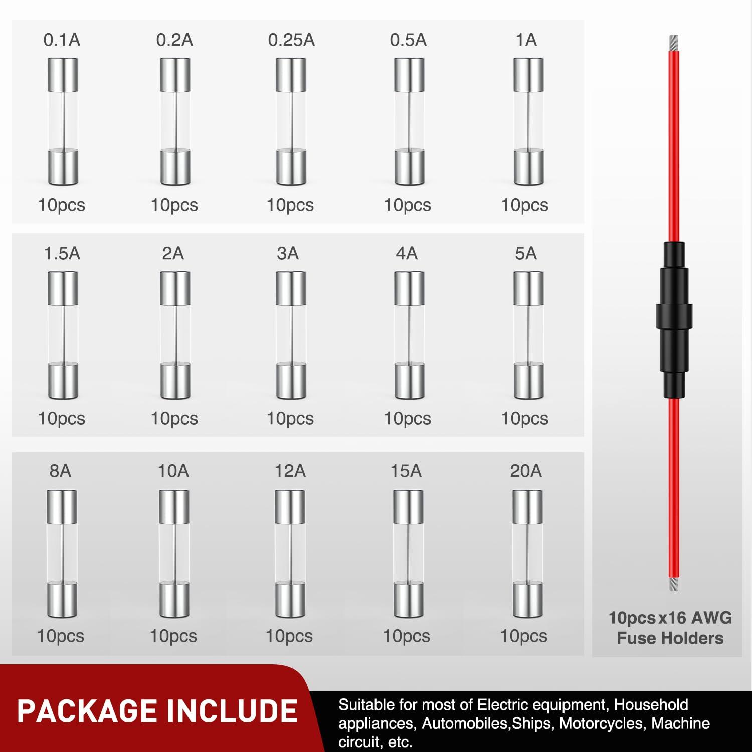 imageNilight 50029R 120 Pcs Standard Blade Fuse 5A75A10A15A20A25A30A AMP Assorted Set with 10 Pack 14AWG ATCATO Inline Fuse Holder 2 Years Warranty 1 Count Pack of 10150Pcs Glass Fuses 16AWG Holder 10