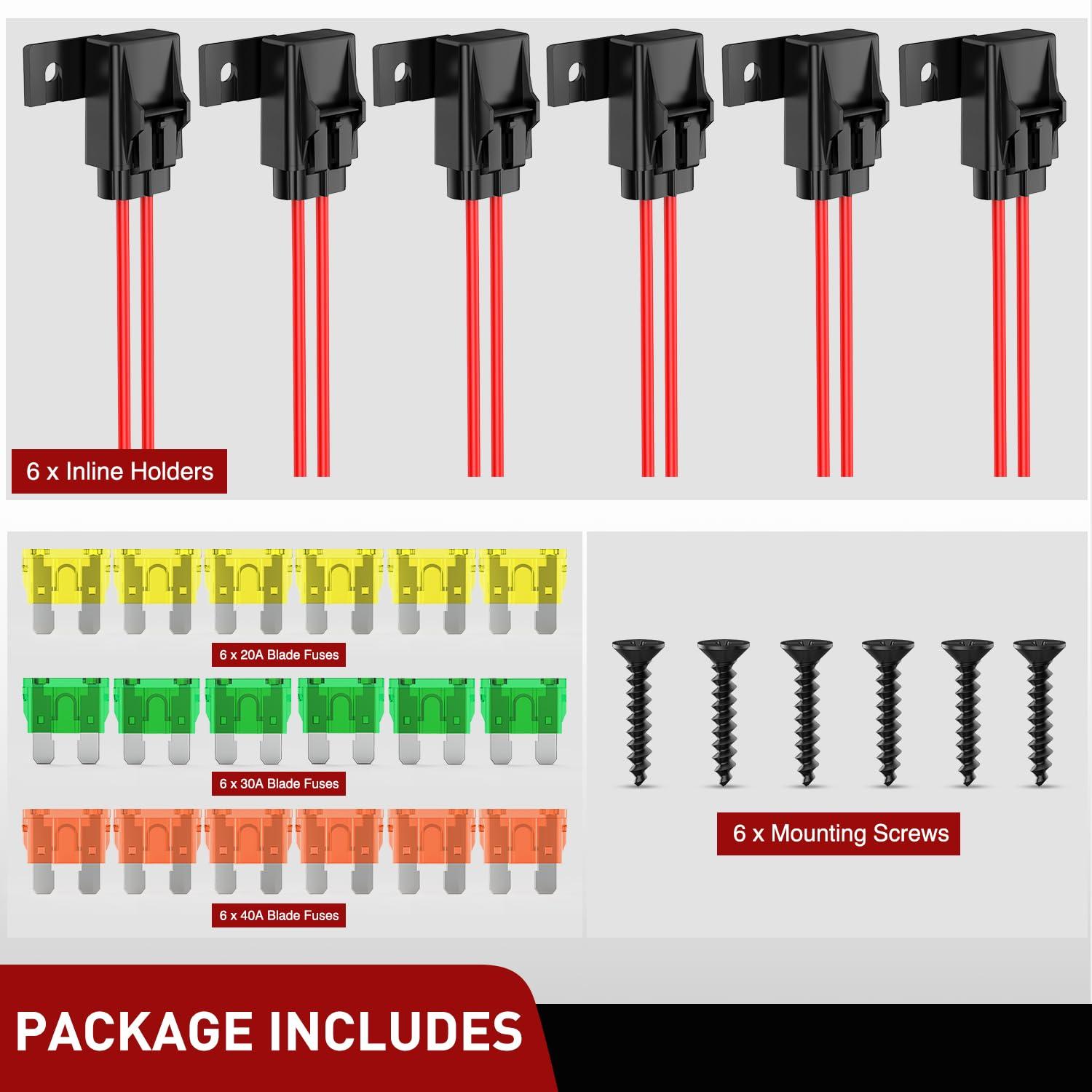 imageNilight 50029R 120 Pcs Standard Blade Fuse 5A75A10A15A20A25A30A AMP Assorted Set with 10 Pack 14AWG ATCATO Inline Fuse Holder 2 Years Warranty 1 Count Pack of 1018Pcs Fuses 12AWG Holder 6