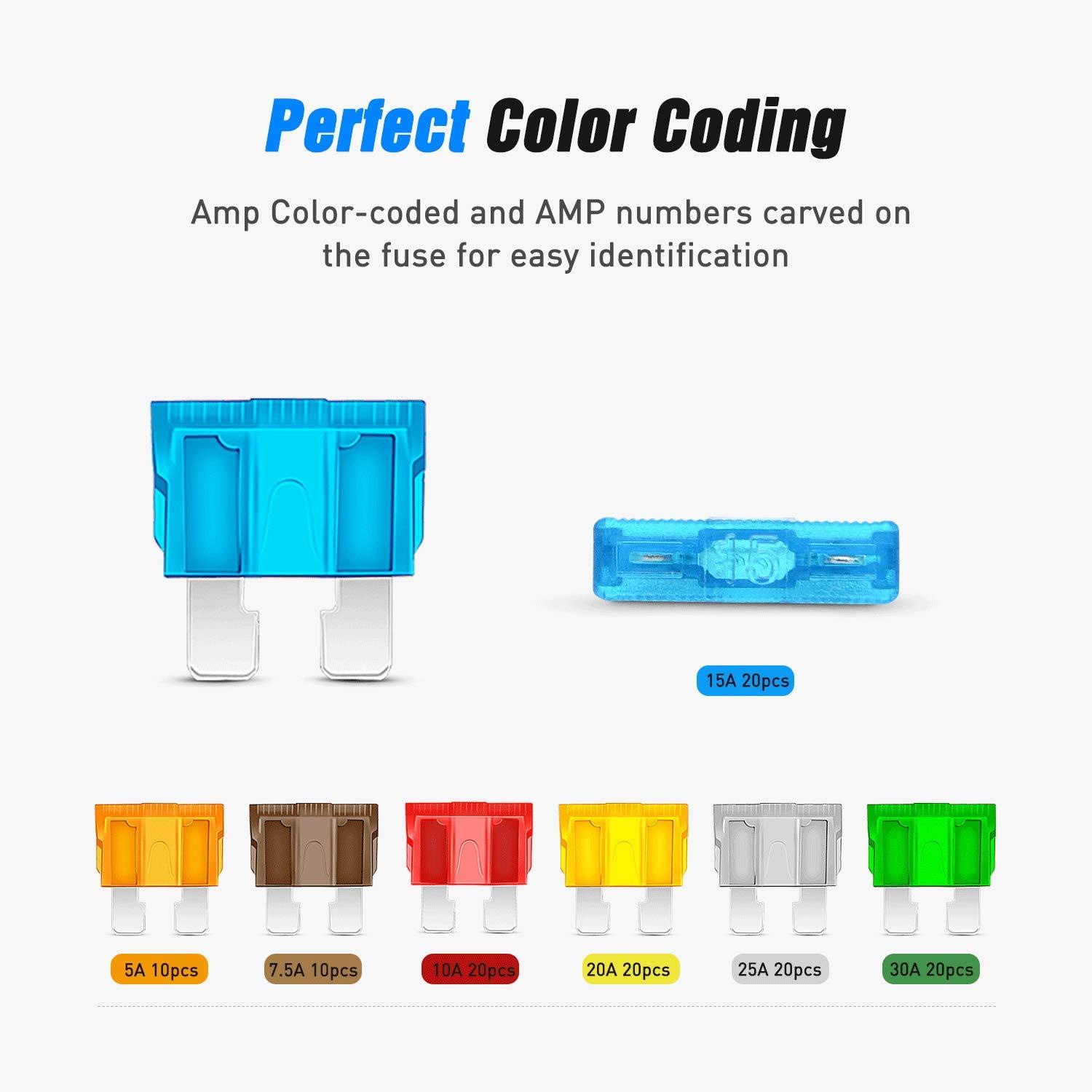 imageNilight 50029R 120 Pcs Standard Blade Fuse 5A75A10A15A20A25A30A AMP Assorted Set with 10 Pack 14AWG ATCATO Inline Fuse Holder 2 Years Warranty 1 Count Pack of 10120Pcs ATCATO Fuse 14AWG Holder 10