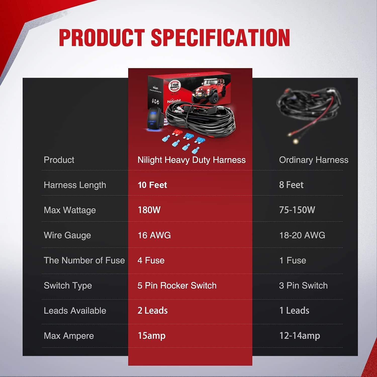 imageNilight 16AWG Wiring Harness Kit2 Leads LED Light Bar with 2PCS 16 AWG 10 Feet Wiring Harness Extension Kit 12V OnOff 5 Pin Rocker Switch for Jeep Boat Trucks 2 Years Warranty