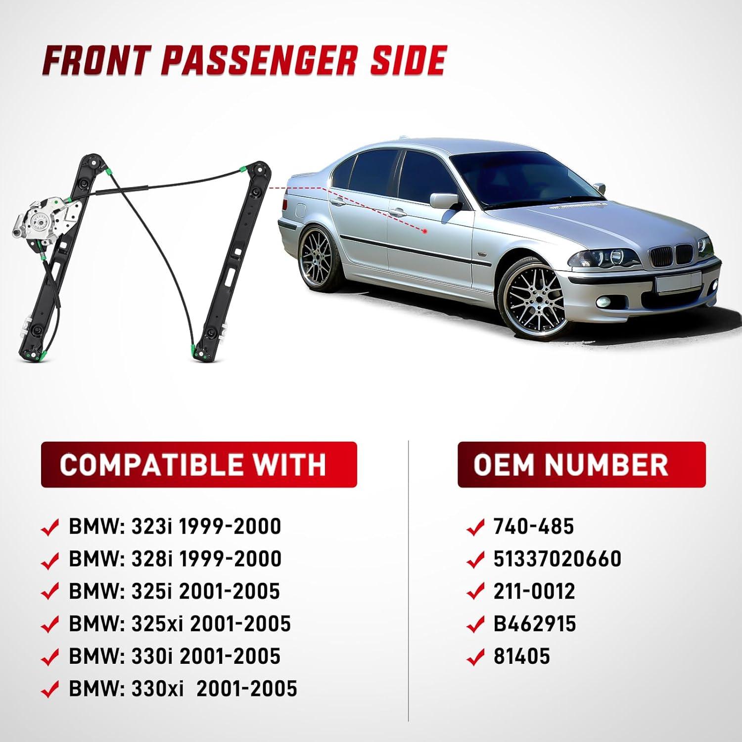imageNilight 740485 Front Passenger Side Power Window RegulatorCompatible with BMW E46 323i 325i 325xi 328i 330i 330xi 1999 2000 2001 2002 2003 2004 2005
