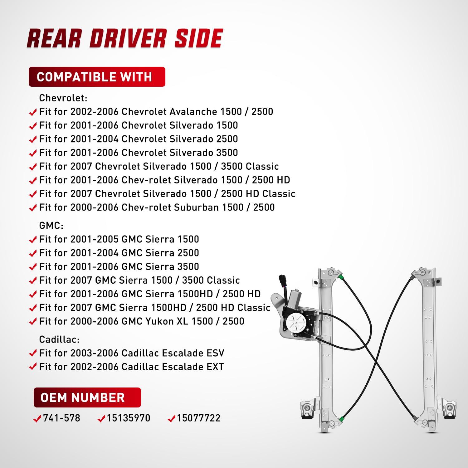 imageNilight 741578 Window Regulator and Motor Rear Driver SideCompatible with Cadillac EscaladeChevy AvalancheSilveradoGMC Sierra Yukon 1500 2500 3500 2000 2001 2002 2003 2004 2005 2006 2007Rear Driver