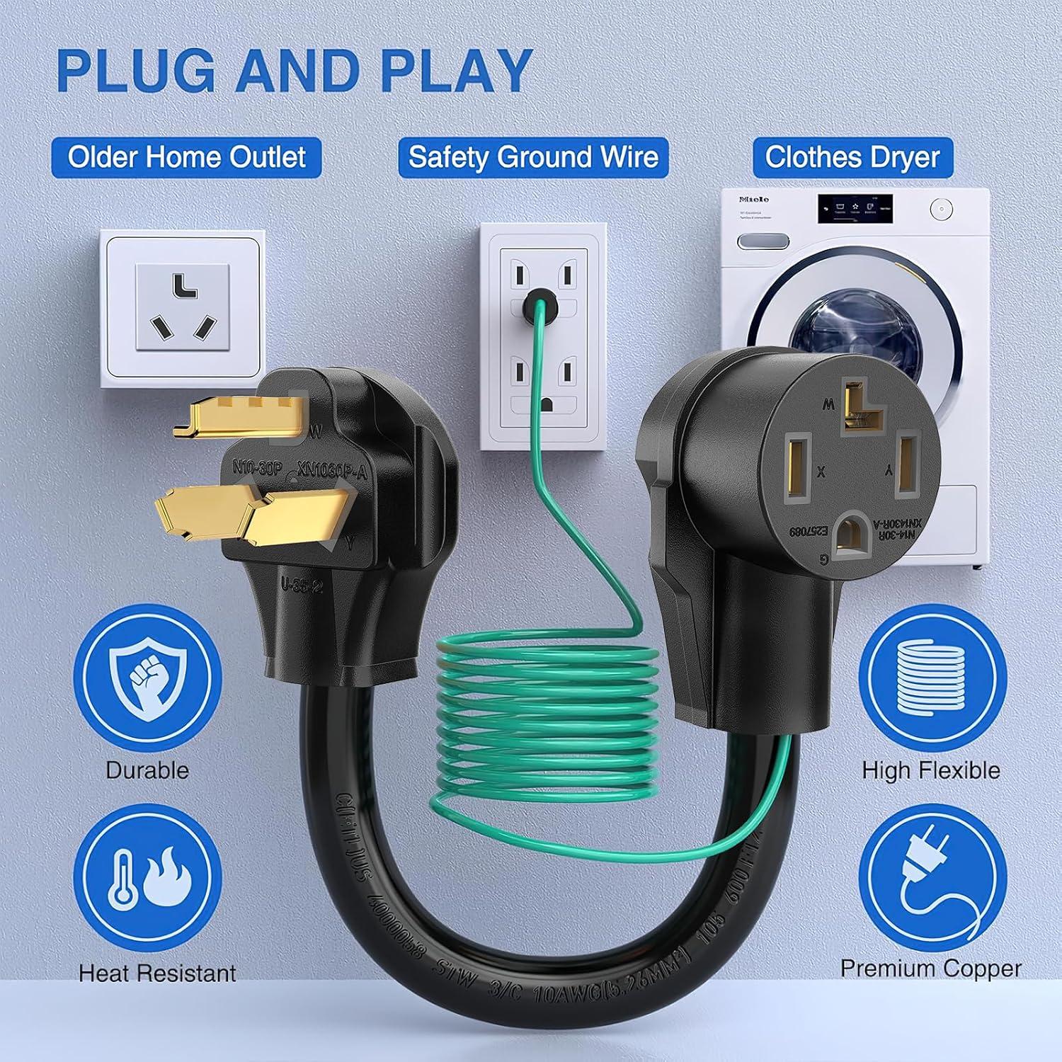 imageNilight Dryer Adapter Cord 30 Amp to 30Amp 4 Prong 125V250V 7500 Watt Pure Copper New Outlet Old Plug Conversion Heavy Duty 10 Gauge Wire 1430P 1030R 30M30F1030P to 1430R wGround Wire Black