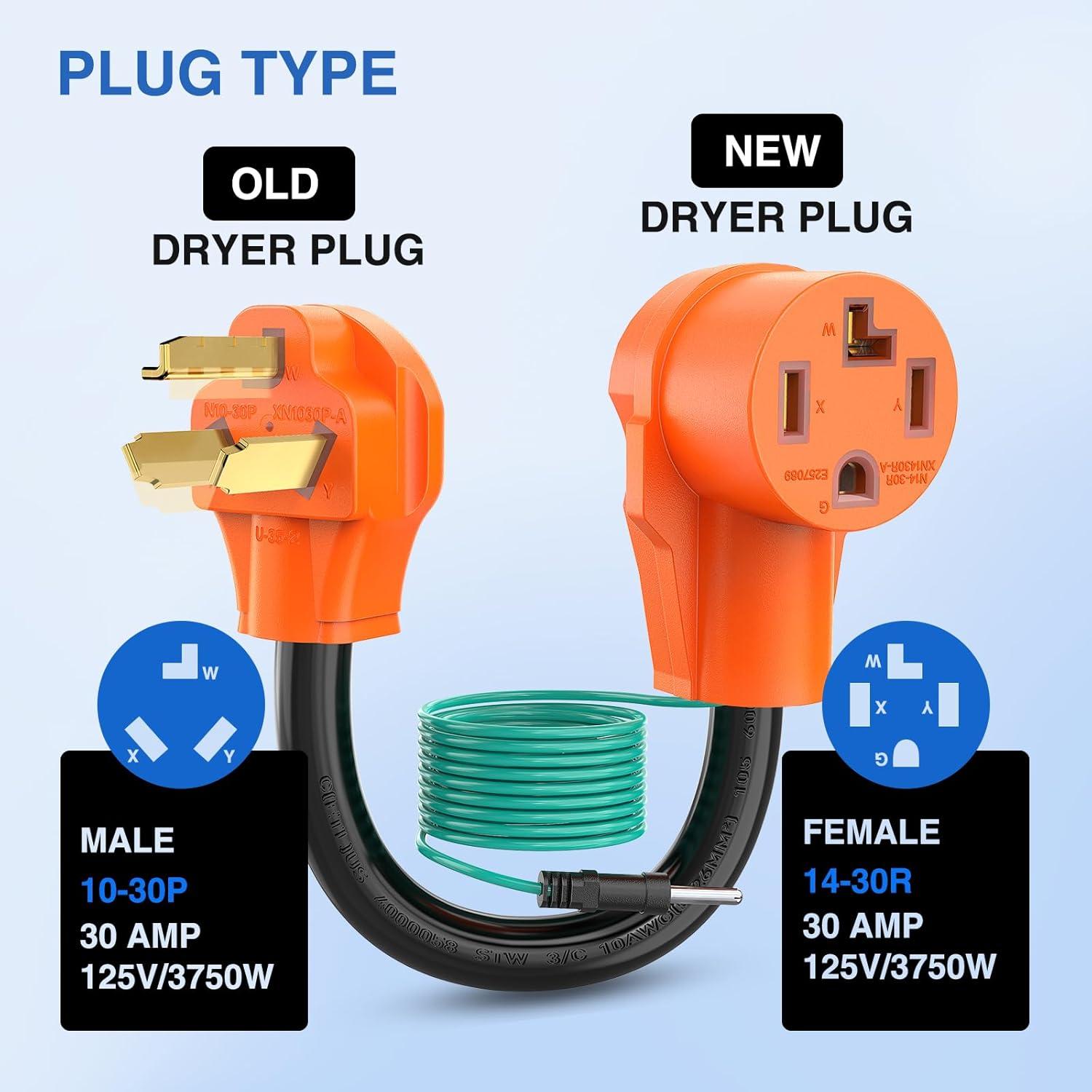 imageNilight Dryer Adapter Cord 30 Amp to 30Amp 4 Prong 125V250V 7500 Watt Pure Copper New Outlet Old Plug Conversion Heavy Duty 10 Gauge Wire 1430P 1030R 30M30F1030P to 1430R wGround Wire