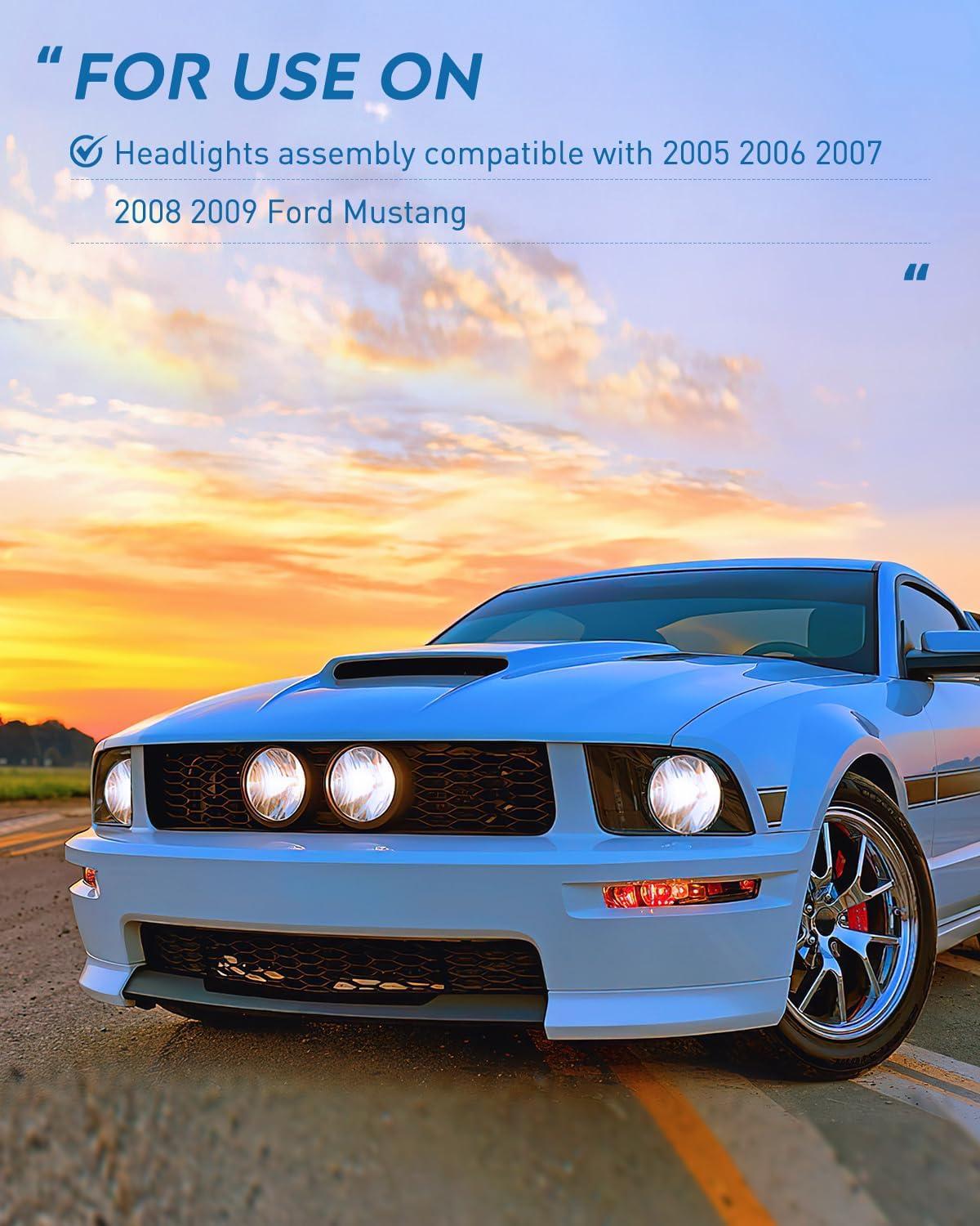 imageNilight Headlight Assembly Compatible with 2005 2006 2007 2008 2009 Ford Mustang Headlamps Replacement Black Housing Clear Reflector Upgraded clear Lens Driver and Passenger SideBlack Housing Clear Reflector