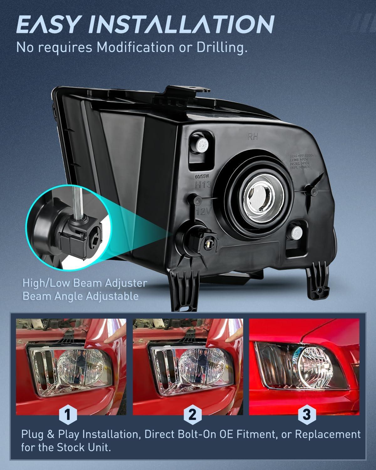 imageNilight Headlight Assembly Compatible with 2005 2006 2007 2008 2009 Ford Mustang Headlamps Replacement Black Housing Clear Reflector Upgraded clear Lens Driver and Passenger SideBlack Housing Clear Reflector