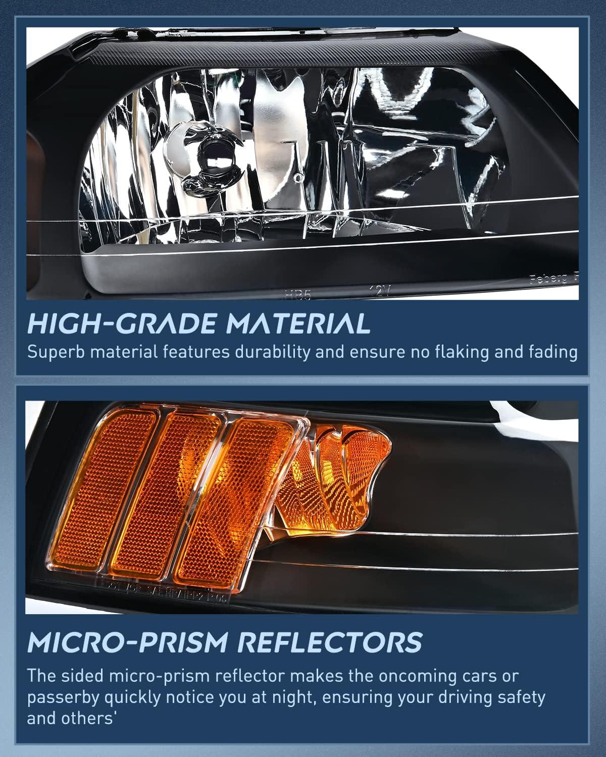 imageNilight Headlight Assembly for 1999 2000 2001 2002 2003 2004 Ford Mustang Headlamps Replacement Chrome Housing Amber Reflector Driver and Passenger SideBlack Housing Amber Reflector