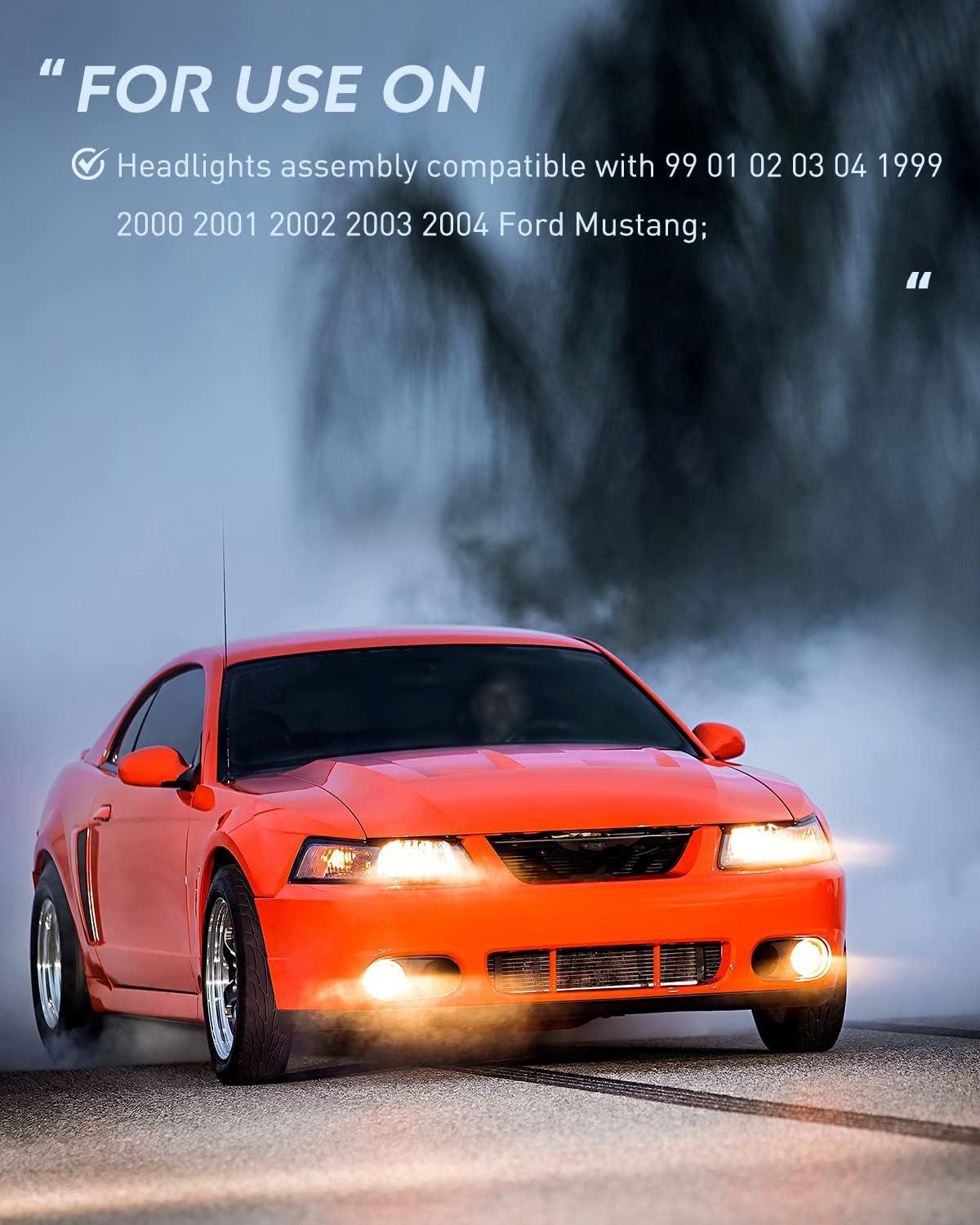 imageNilight Headlight Assembly for 1999 2000 2001 2002 2003 2004 Ford Mustang Headlamps Replacement Chrome Housing Amber Reflector Driver and Passenger SideBlack Housing Amber Reflector