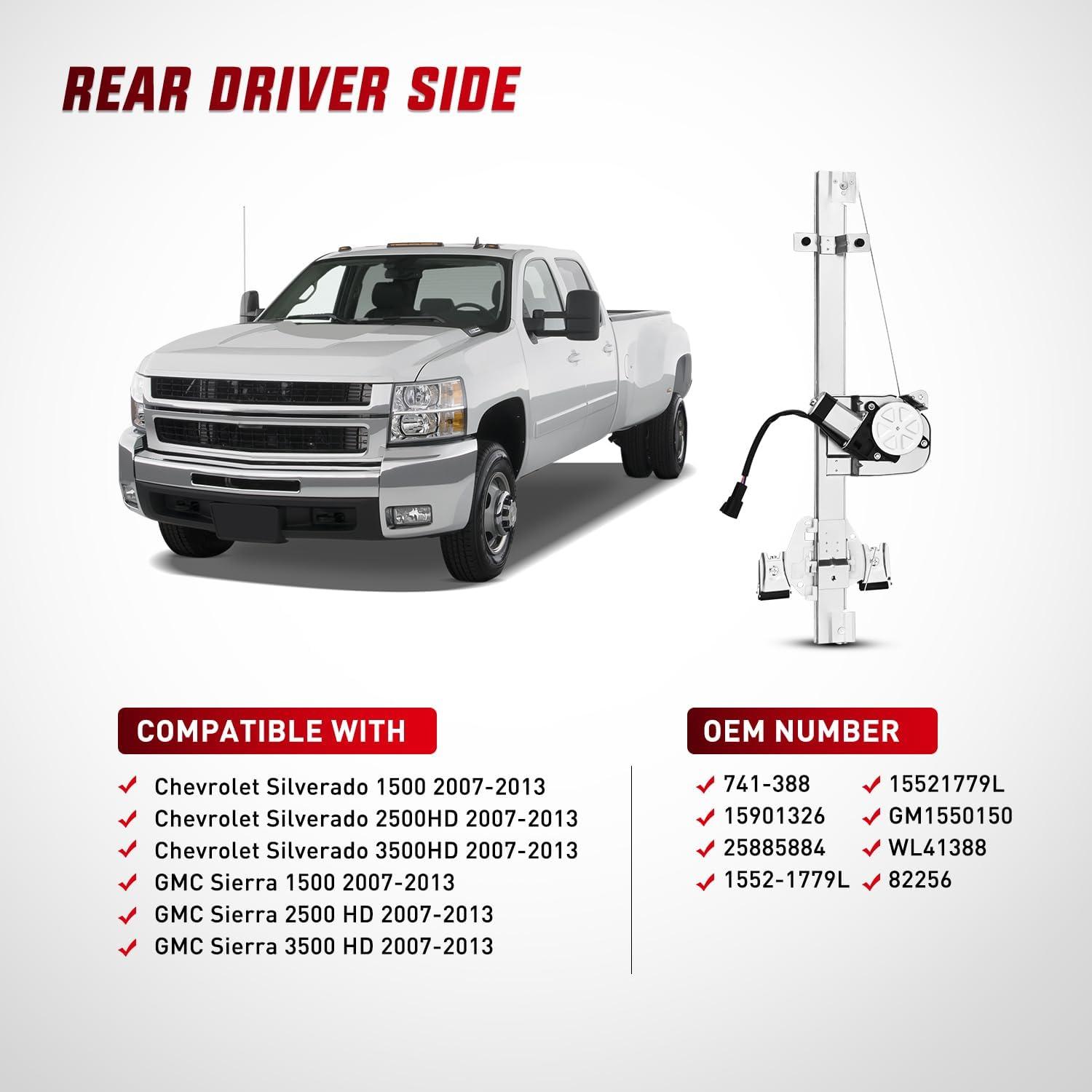 imageNilight Power Window RegulatorMotor Rear Driver Side Compatible with Chevrolet SilveradoGMC Sierra 1500 2500 HD 3500 HD 2007 2008 2009 2010 2011 2012 2013Rear Left741388