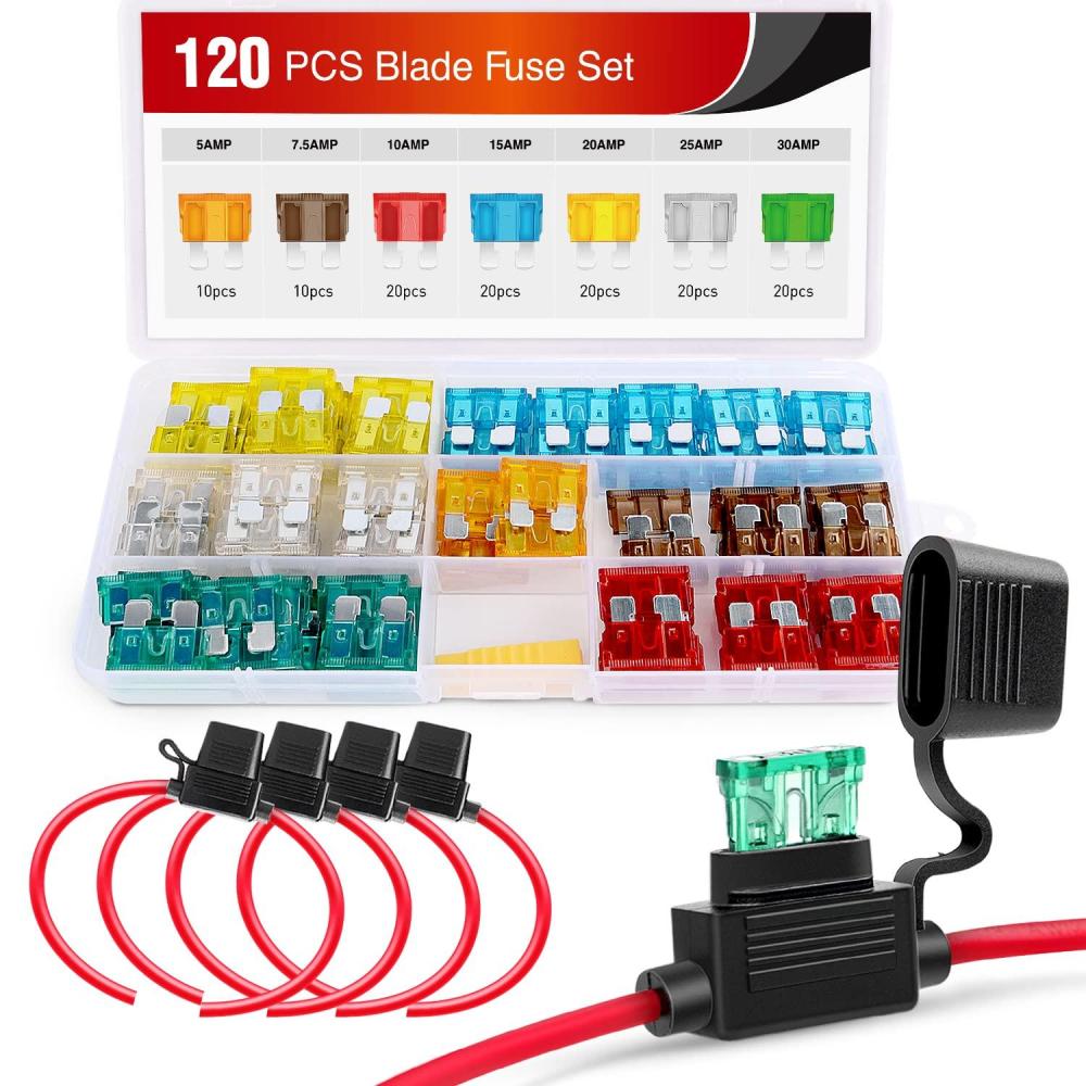 imageNilight 50029R 120 Pcs Standard Blade Fuse 5A75A10A15A20A25A30A AMP Assorted Set with 10 Pack 14AWG ATCATO Inline Fuse Holder 2 Years Warranty 1 Count Pack of 10120Pcs ATCATO Fuse 12AWG Holder 5