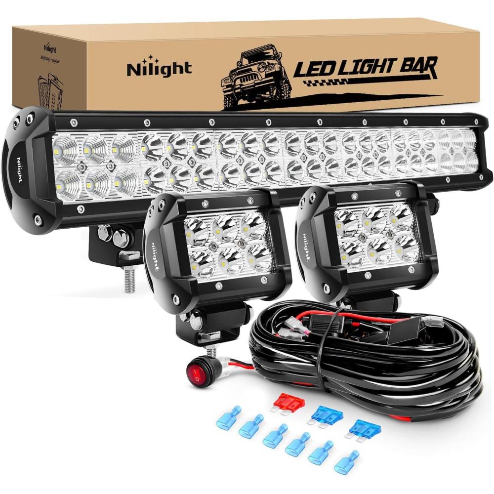imageNilight  NI06A126W Light Bar 2PCS 20 Inch 126W LED Lights Spot Flood Combo Led Off Road Driving Lights Led Fog Lights Jeep Lights Boat Lighting LED Work Light 2 Years Warranty126W Light 2Pcs 18W LED Pods Wiring Harness