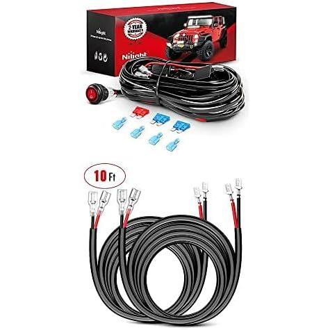 imageNilight 16 AWG LED Light Bar Wiring Harness Kit 2 Leads with 2PCS 16 AWG 10 Feet Wiring Harness Extension Kit 12V On Off Switch for Off Road Lights LED Work Light Bar 2 Years Warranty