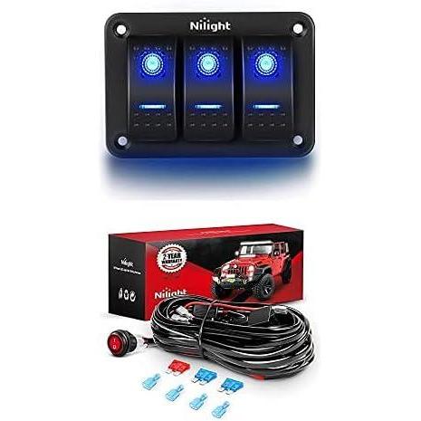imageNilight 3 Gang Aluminum Panel Toggle Dash 5 Pin OnOff PreWired Rocker Switch Holder with 16 AWG LED Light Bar Wiring Harness Kit  2 Leads 12V for Automotive Car Marine Boat 2 Years Warranty