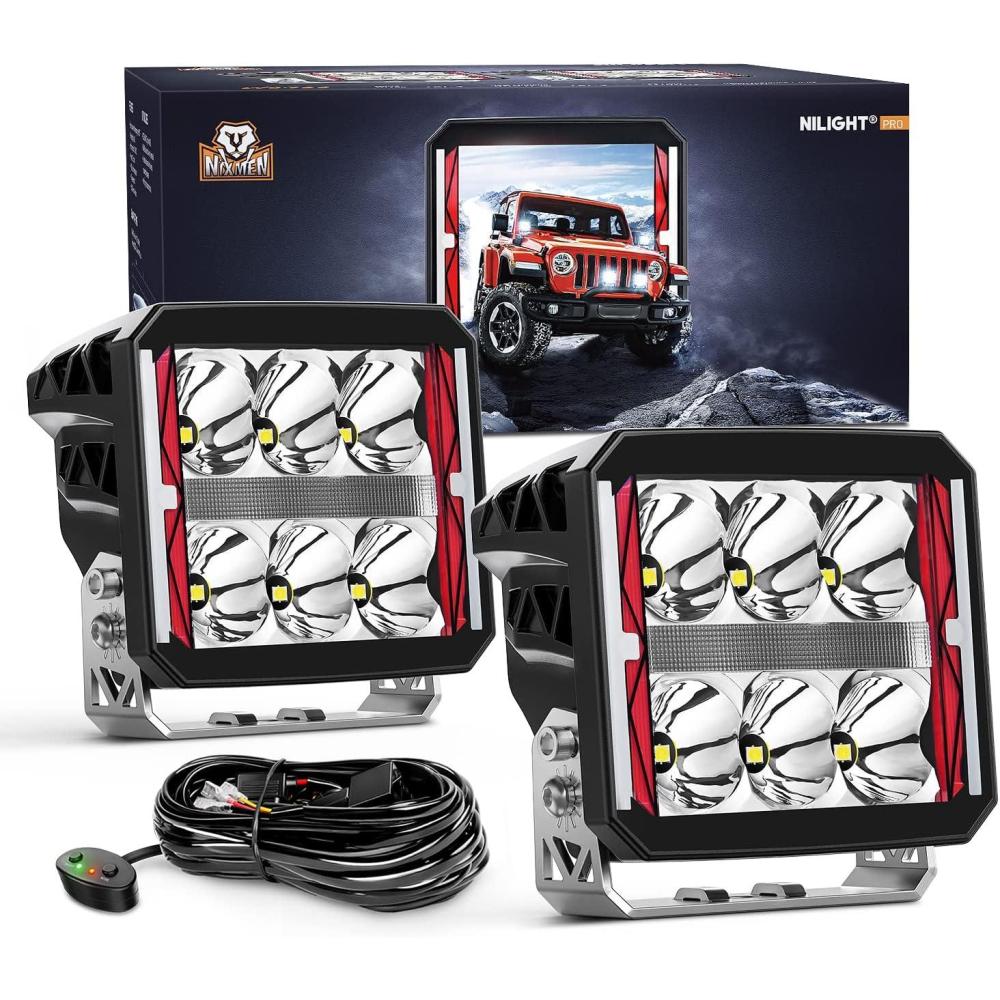 imageNilight 4 Inch LED Pod Lights Heated Lens with DRL 60 W Square Super Spot w 16AWG Wiring Harness Kit Offroad Anti Freeze Function Work Light for Truck UTV ATV SUV Jeep4 Inch Heated Lens LED Pod with White DRL
