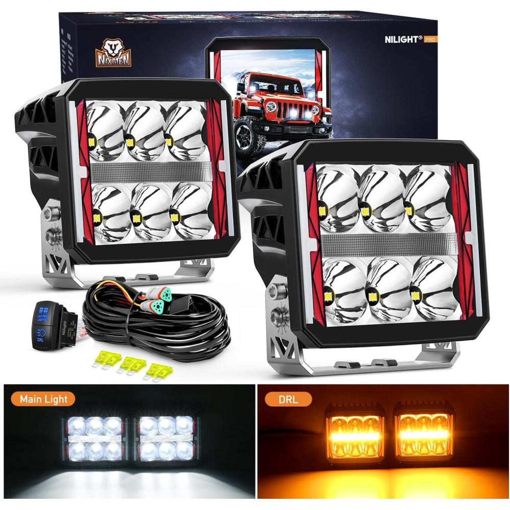 imageNilight 4 Inch LED Pod Lights Heated Lens with DRL 60 W Square Super Spot w 16AWG Wiring Harness Kit Offroad Anti Freeze Function Work Light for Truck UTV ATV SUV Jeep4 Inch Heated Lens LED Pod with Amber DRL