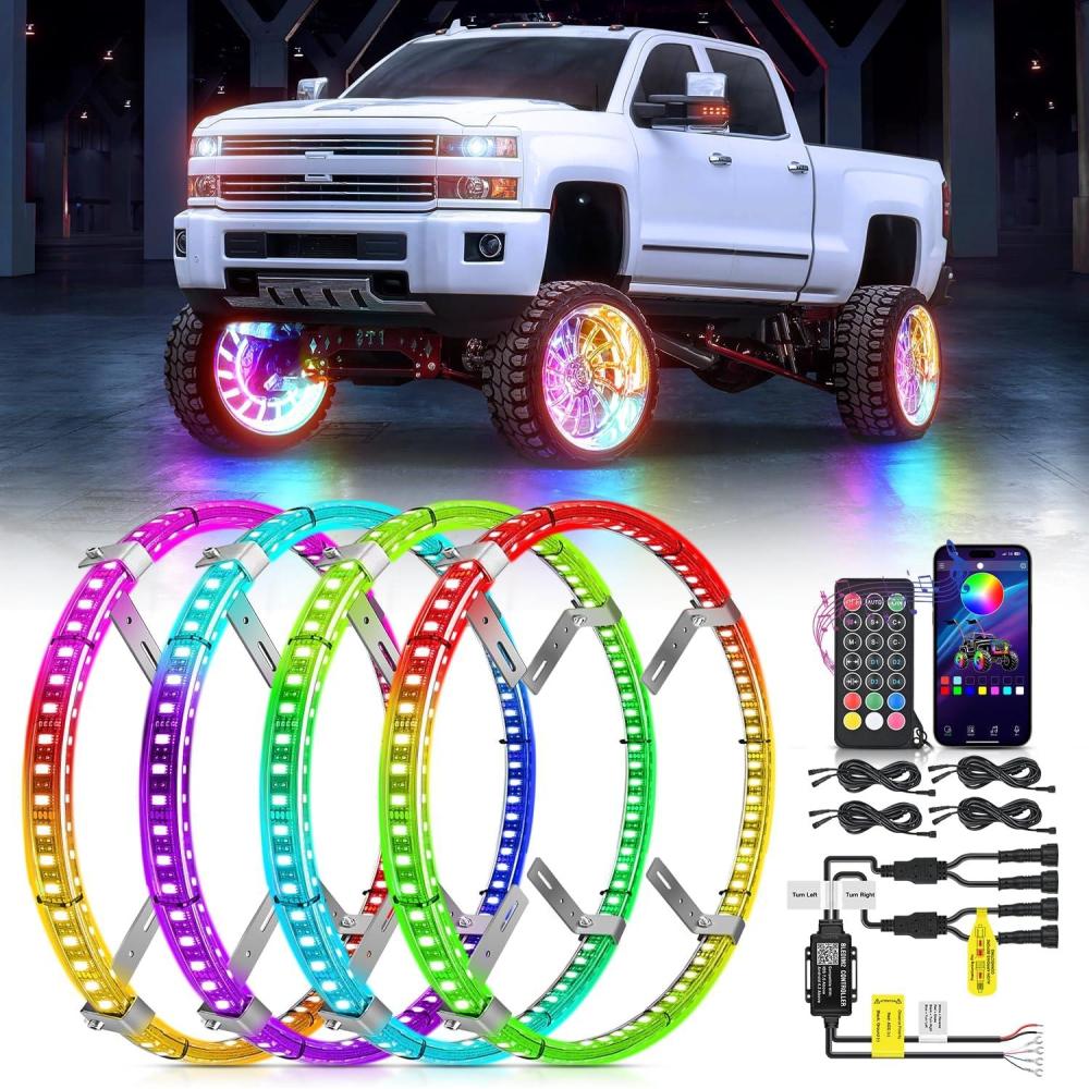 imageNilight 4PCS 155inch Double Row LED Wheel Ring Lights RGB with APP and Remote Control Neon Lights wTurn Signal and Braking Function Dual Row for Car Van SUV TruckDream ColorDouble Row