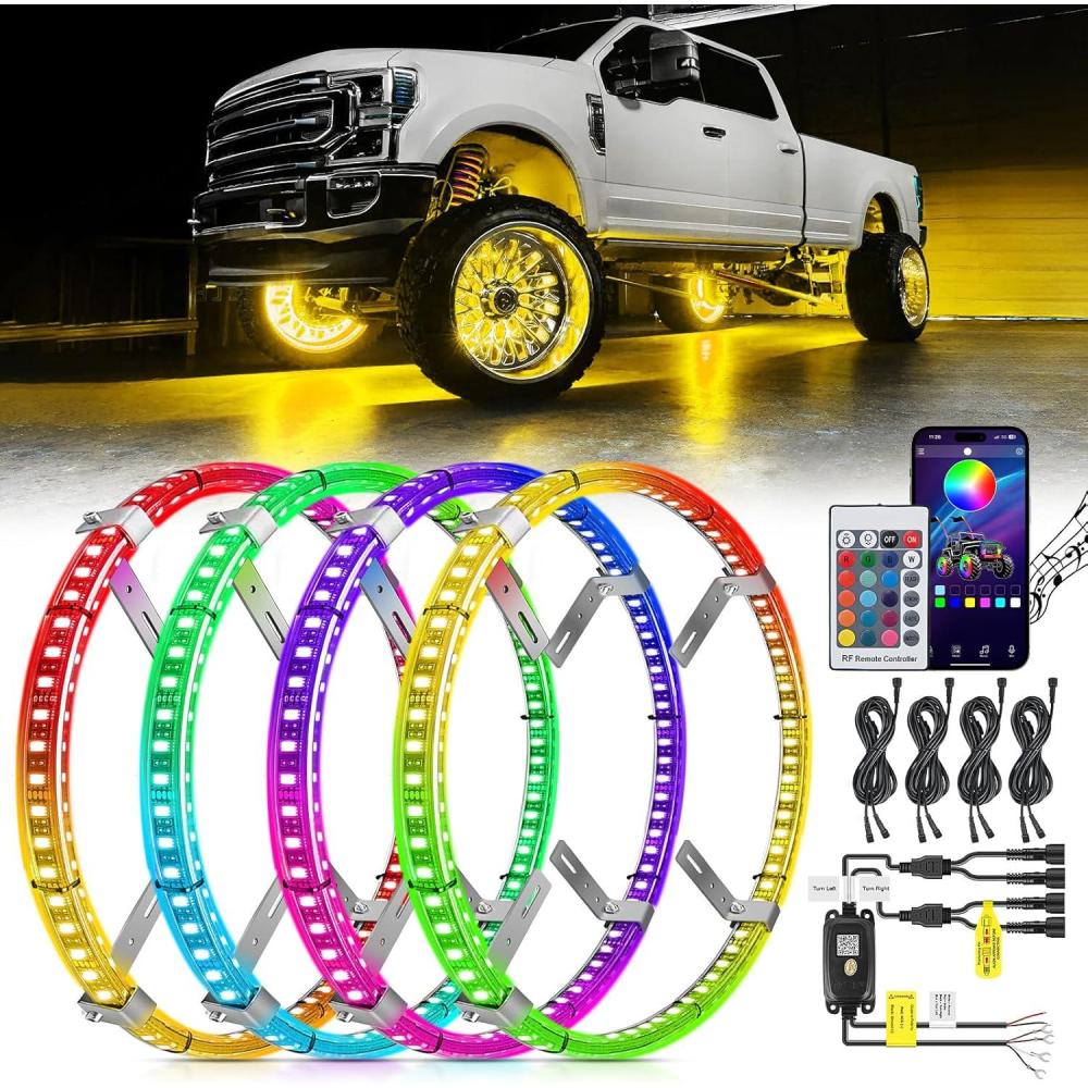 imageNilight 4PCS 155inch Double Row LED Wheel Ring Lights RGB with APP and Remote Control Neon Lights wTurn Signal and Braking Function Dual Row for Car Van SUV TruckRGBDouble Row