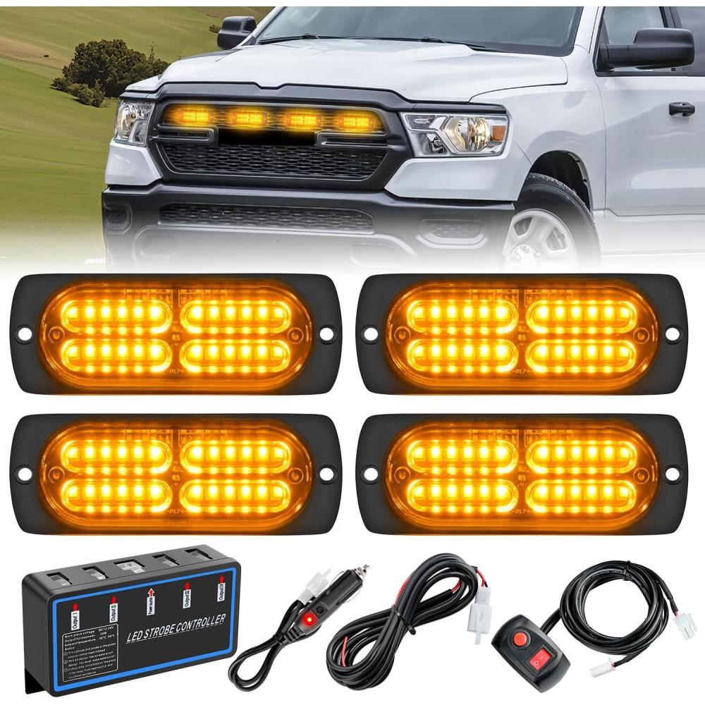 imageNilight 4PCS 24LED Emergency Strobe lights 12V 24V Amber White Surface Mount Grille Hazard Safety Warning Lights Sync Feature Side Flashing Marker Flash for Car Truck CampersAmber
