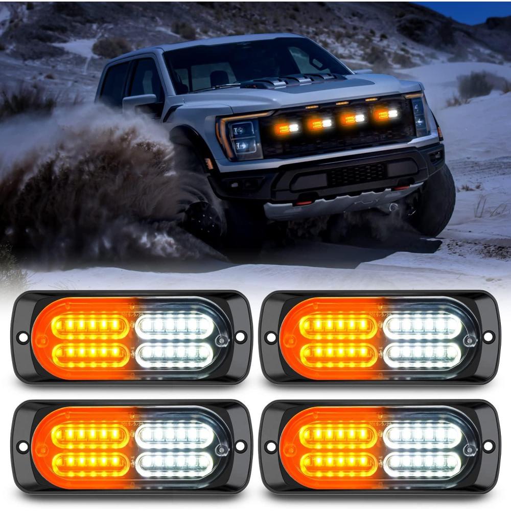 imageNilight 4PCS 24LED Emergency Strobe lights 12V 24V Amber White Surface Mount Grille Hazard Safety Warning Lights Sync Feature Side Flashing Marker Flash for Car Truck CampersAmberWhite Lights 4Pcs