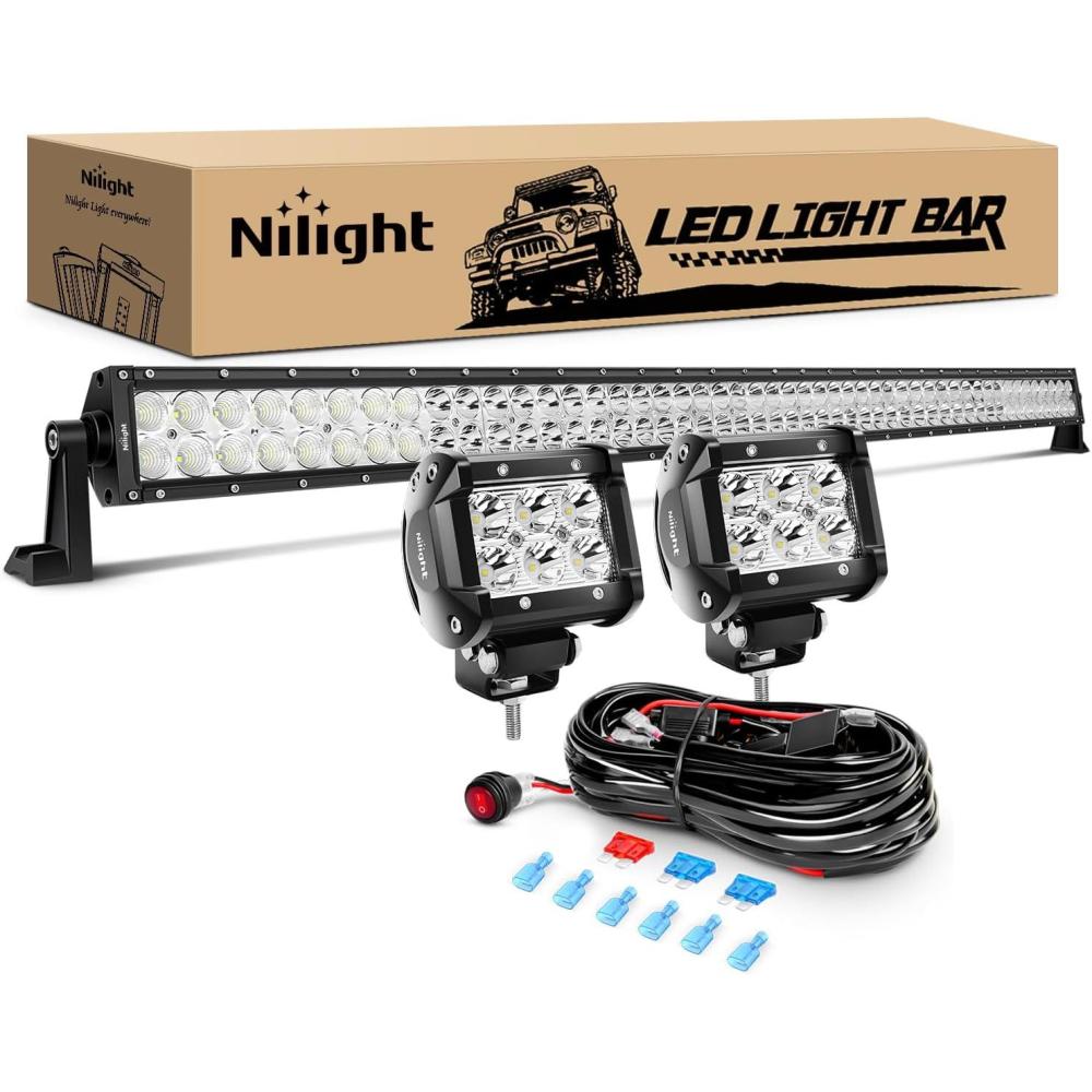 imageNilight 52Inch Led Light Bar Spot Flood 2Pcs 18W 4Inch Spot LED Pods Windshield Frame Mounting Bracket on Wrangler JK 20072017 with Off Road Wiring Harness 3 Leads52Inch Lights LED Pods Wiring Harness