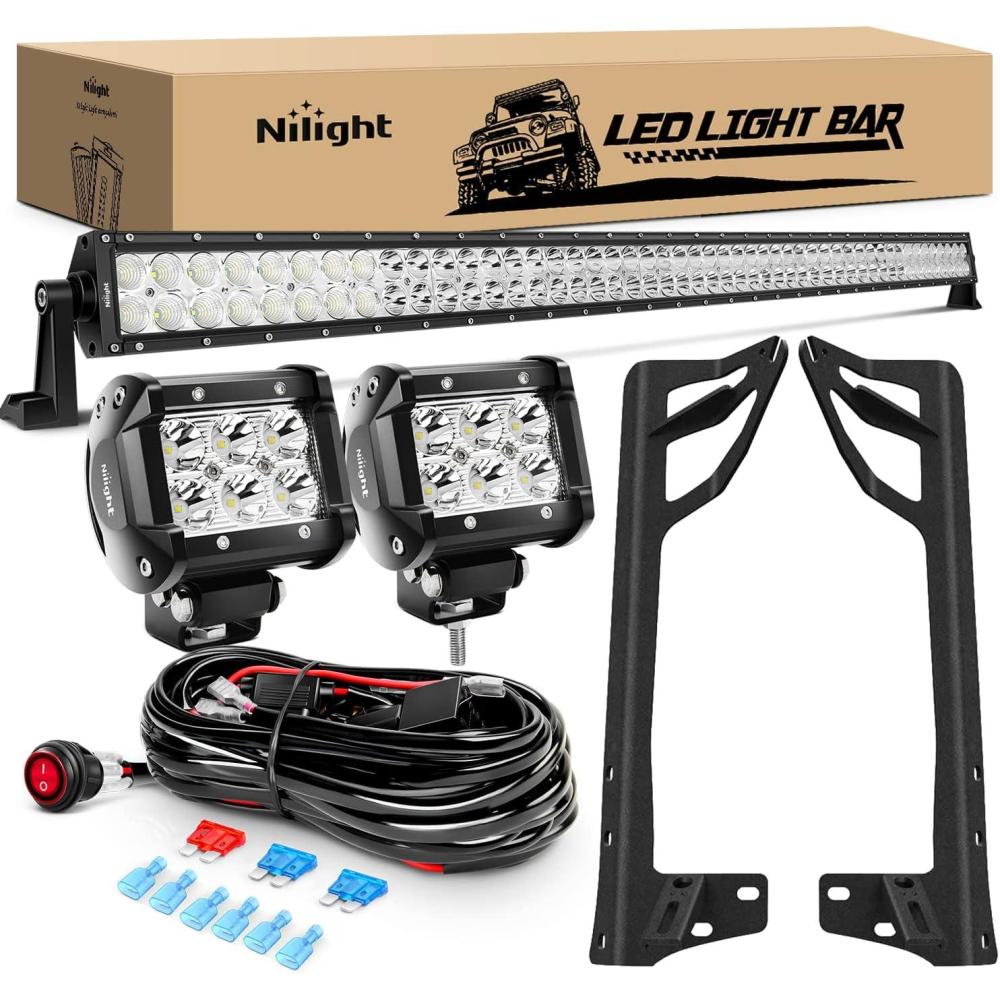 imageNilight 52Inch Led Light Bar Spot Flood 2Pcs 18W 4Inch Spot LED Pods Windshield Frame Mounting Bracket on Wrangler JK 20072017 with Off Road Wiring Harness 3 Leads52Inch Light LED PodsHarnessJK Mounting Bracket
