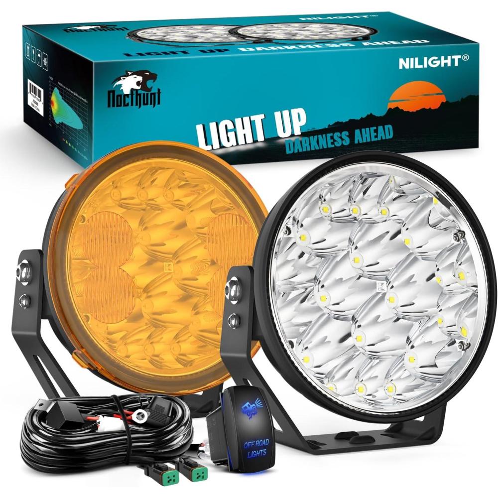 imageNilight 9 Inch LED Offroad Driving Lights with DRL 2 PCS 160 W Round Hyper Spot Beam Offroad Light w 12 AWG DT Connector Wiring Harness Kit for Jeep Truck ATV UTV SUVLed Pods Wiring Kit Covers