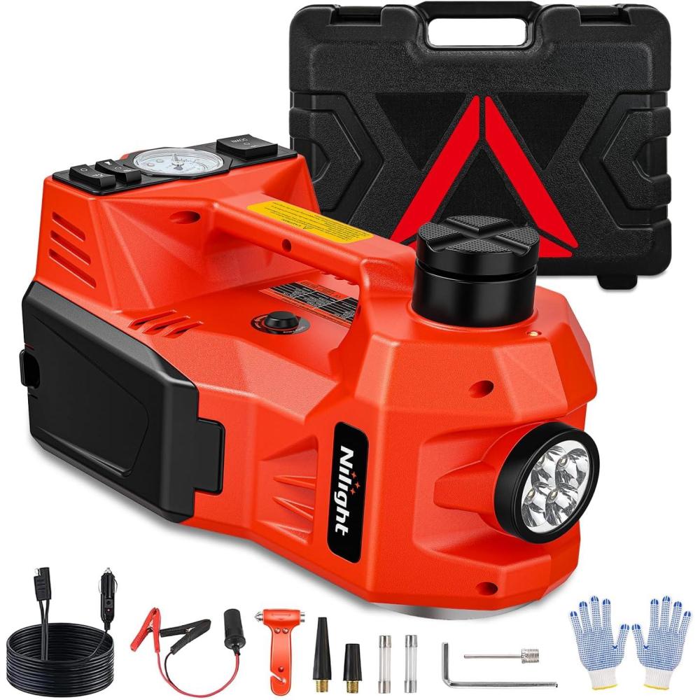 imageNilight Electric Car Jack 3 Ton 6600LBS Floor Jack Kit Automatic 12V Electric Scissor Lift Jack Portable Repair Tool with Remote Control Double Jack Pads for Car Tire Change Replacement Orange Red5 T