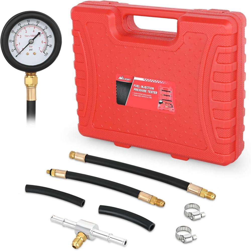 imageNilight Fuel Pressure Gauge Tester Kit with Quick Connected Hose 0100 PSI Fuel Pressure Tester Tool with 630 789 949 Fuel Line Fittings 4PCSBasic B