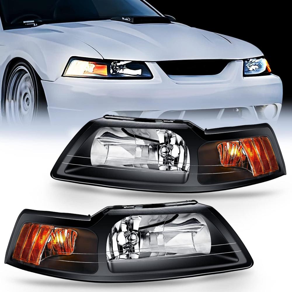 imageNilight Headlight Assembly for 1999 2000 2001 2002 2003 2004 Ford Mustang Headlamps Replacement Chrome Housing Amber Reflector Driver and Passenger SideBlack Housing Amber Reflector