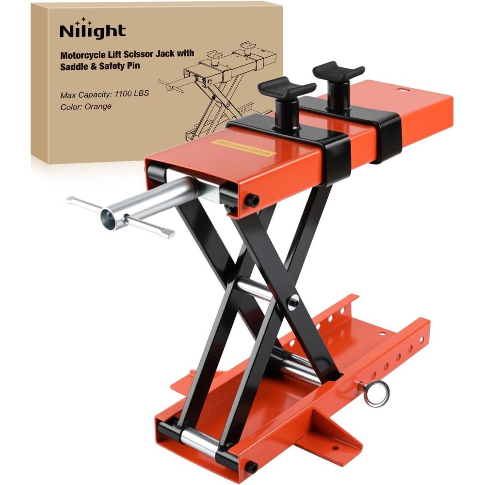 imageNilight Motorcycle Lift Jack 1100 LBS Scissor Jack Stand Lift from 34quot to 142quot with Wide Deck Crank Handle Steel Scissor Hoist Garage Repair Lifter Table Jacks for Motorcycles ATV Dirt Bike RedOrange w Saddle Safety Pin