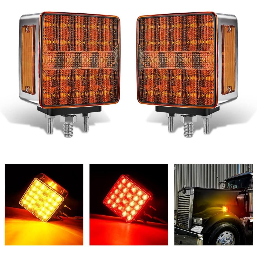 imageNilight Round Double Face Fender Pedestal Light 2PCS 48LED Amber Red Brake Turn Marker Tail Lights wStud Mount for Mack Kenworth Freightliner Truck Trailer Towing2Pcs Square Fender Light