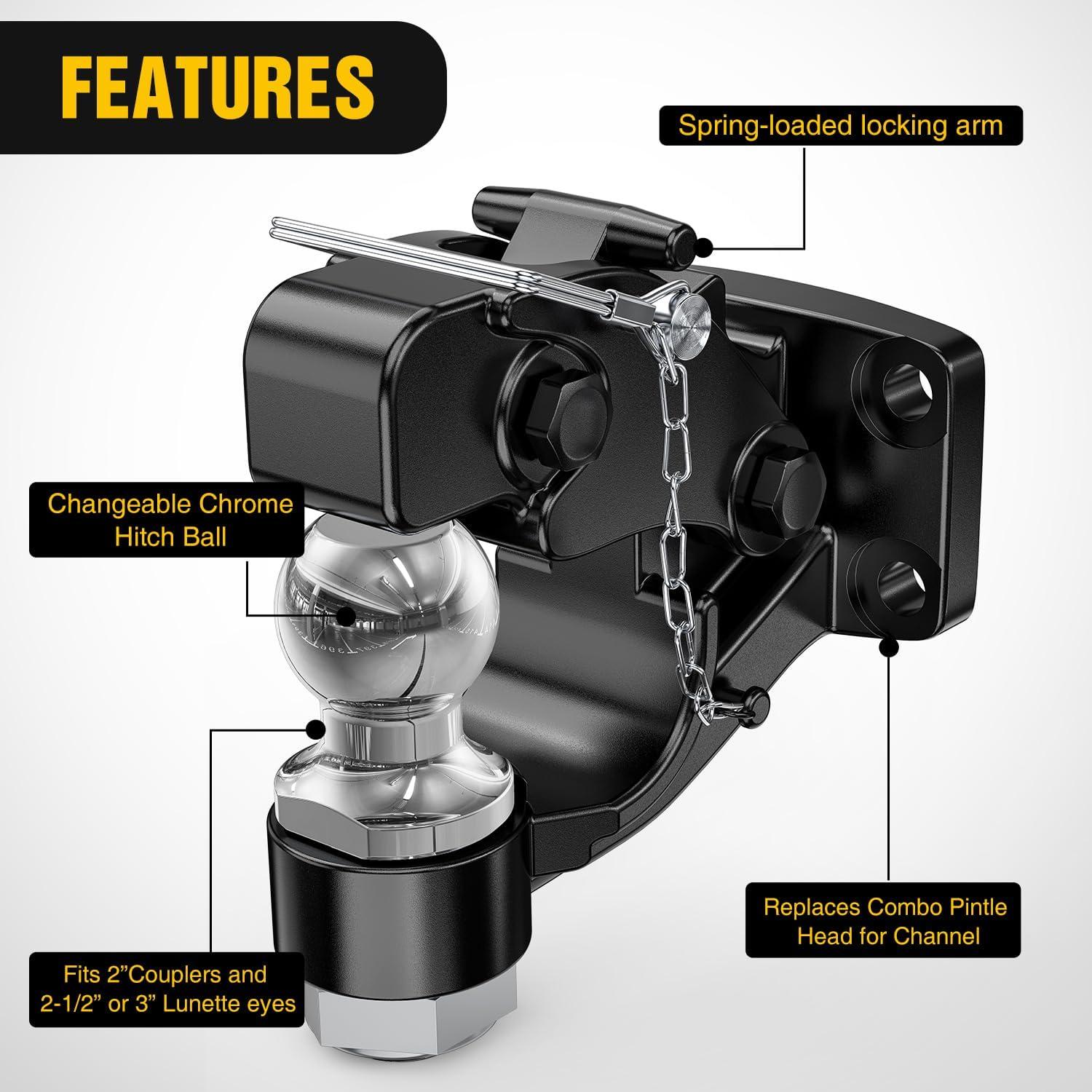 imageNilight 3Position Pintle Hook Mount for 2quot Hitch Receiver Solid Steel MGTW 14000 lbs 9Inch Length Black Pintle Hook Hitch Mounting Plate2 Ball Pintle Hook