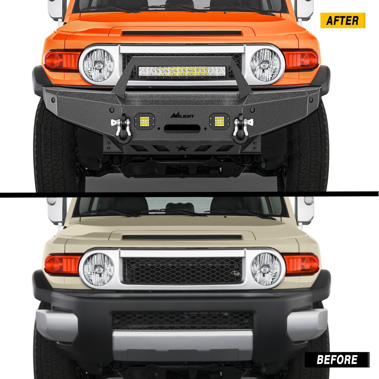 imageNilight Front Bumper Compatible for 20072008 2009 2010 2011 2012 2013 2014 Toyota FJ Cruiser with Winch Plate Offroad 120W Light Bar 18w LED Pods 2 DRings