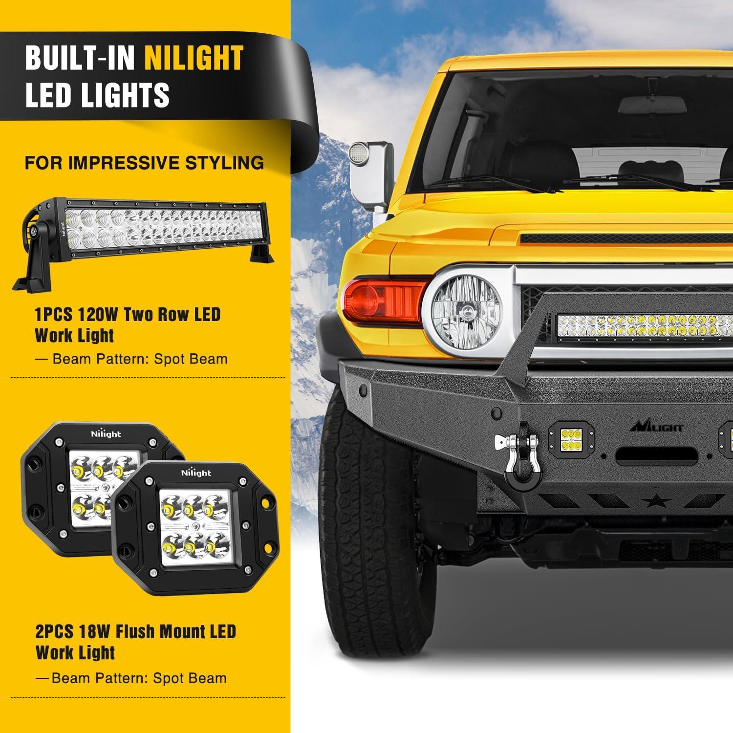 imageNilight Front Bumper Compatible for 20072008 2009 2010 2011 2012 2013 2014 Toyota FJ Cruiser with Winch Plate Offroad 120W Light Bar 18w LED Pods 2 DRings