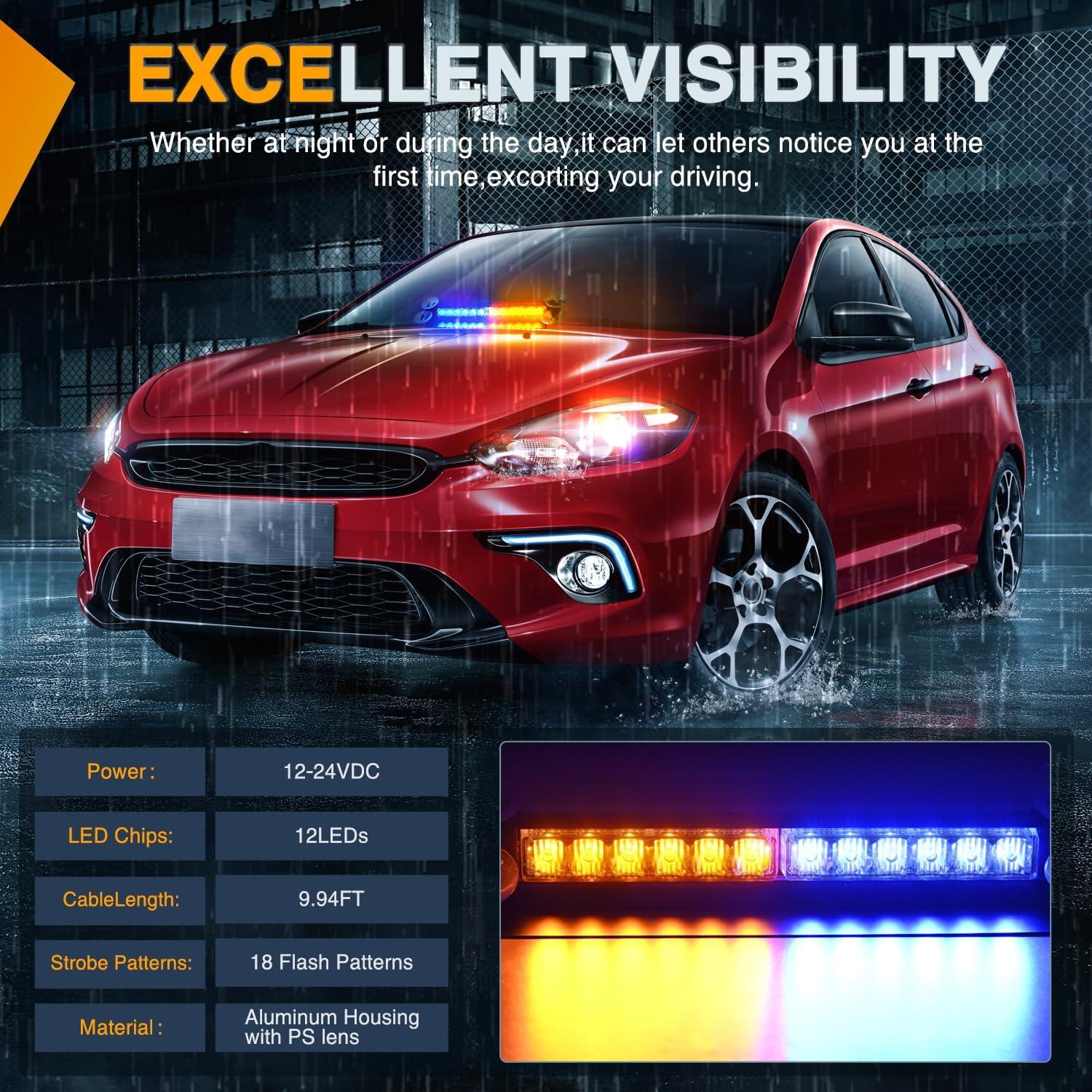 imageNilight 12LED Traffic Advisor Strobe Light Bar Red Blue Emergency Warning Hazard Safety Dash FrontRear Windshield Flashing Lights for Cars Trucks Police Firefighter Plow Construction VehiclesAmber Blue