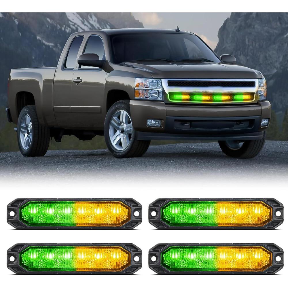 imageNilight 6LED Emergency Strobe Lights 4PCS Ultra slim Surface Mount Hazard Caution Light bar 1224V Sync Feature Warning Flashing kit for Truck Car Vehicle ATV SUV UTV Yellow and BlueAmber Green