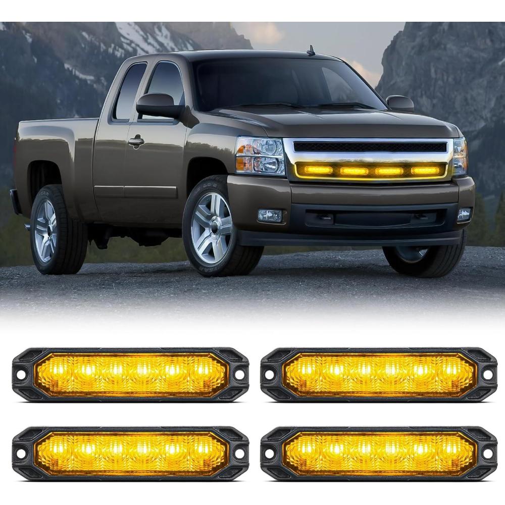 imageNilight 6LED Emergency Strobe Lights 4PCS Ultra slim Surface Mount Hazard Caution Light bar 1224V Sync Feature Warning Flashing kit for Truck Car Vehicle ATV SUV UTV Yellow and BlueAmber