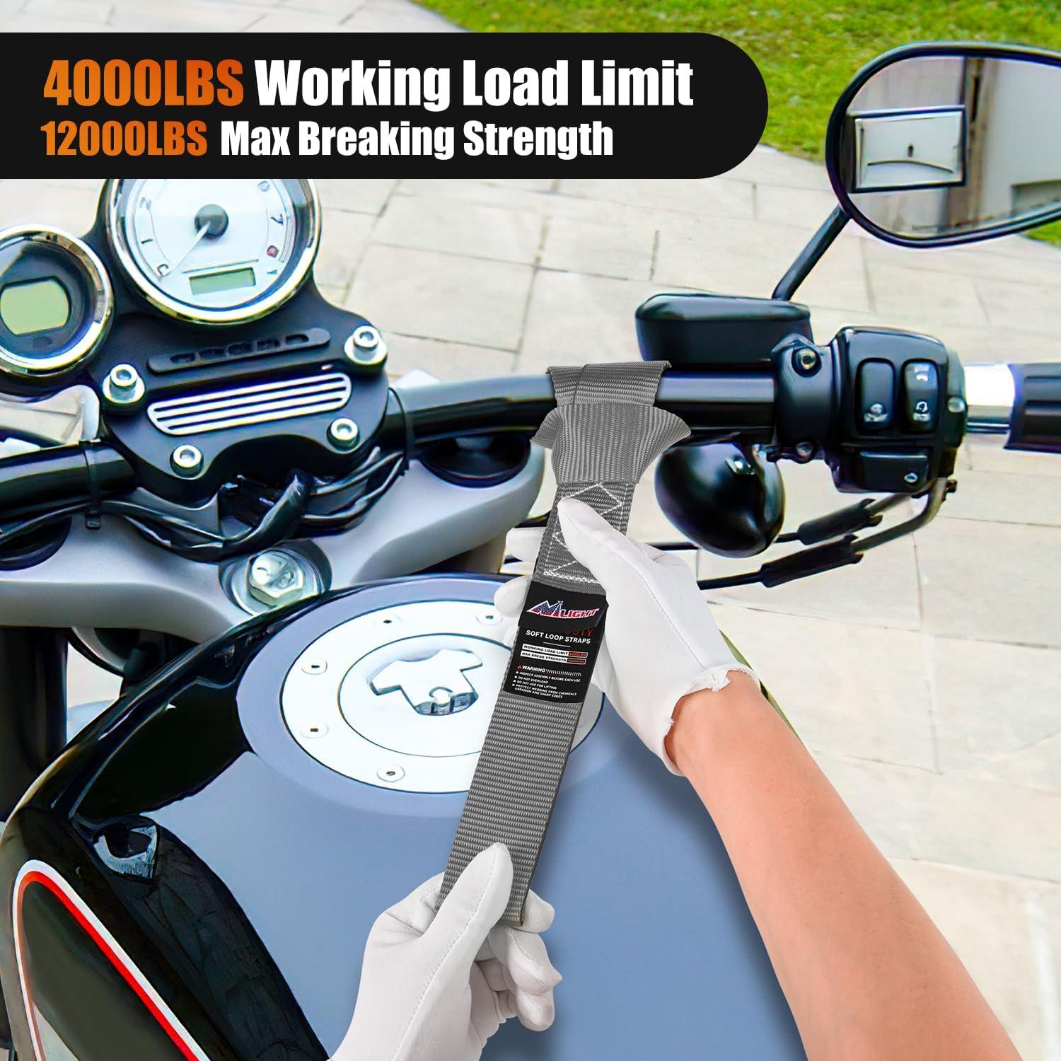 imageNilight Soft Loop 1717quot Motorcycle Tie Down Straps Heavy Duty 12000Lbs Max Break Strength for Securing ATV UTV Kayak Moving Cargo 8PKBlackGrey