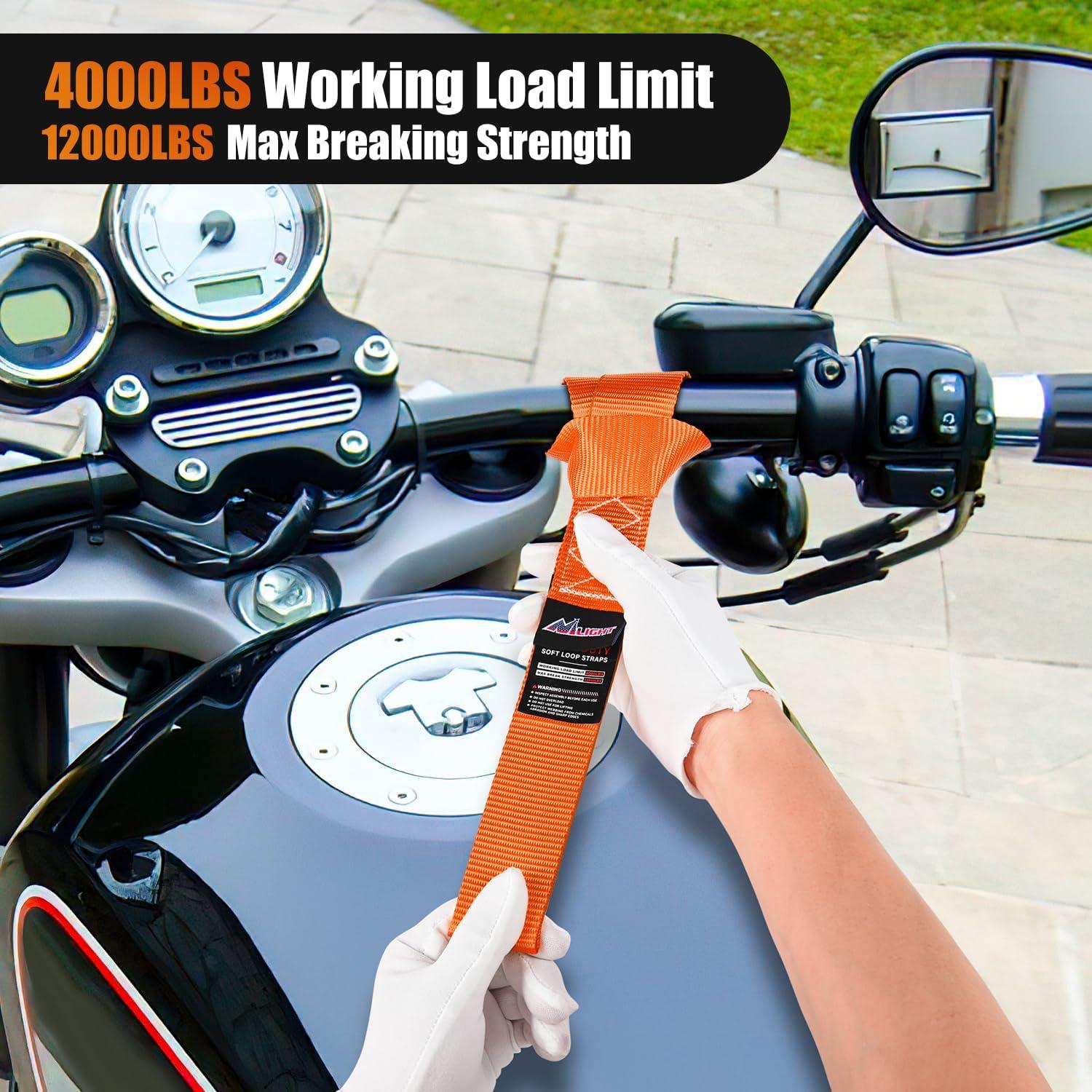 imageNilight Soft Loop 1717quot Motorcycle Tie Down Straps Heavy Duty 12000Lbs Max Break Strength for Securing ATV UTV Kayak Moving Cargo 8PKBlackOrange