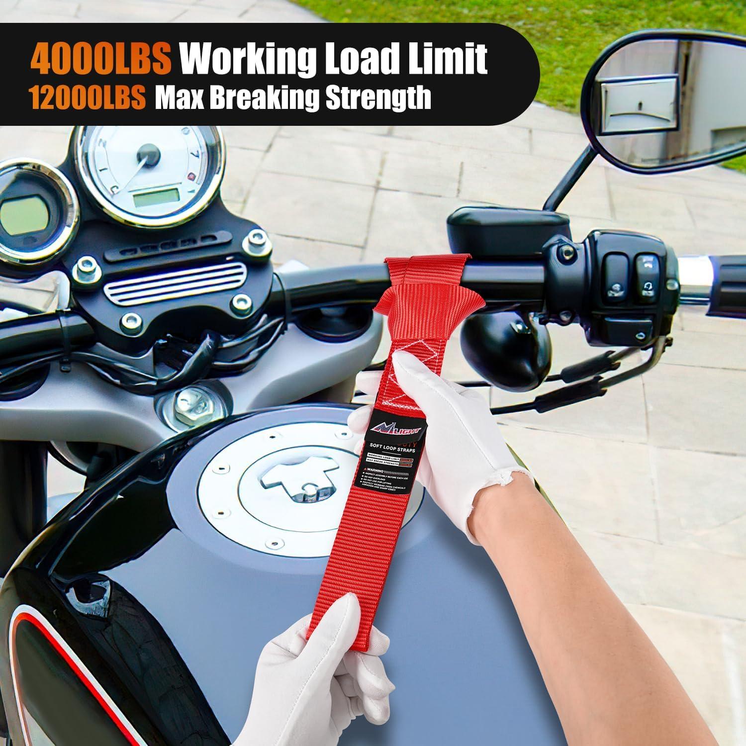 imageNilight Soft Loop 1717quot Motorcycle Tie Down Straps Heavy Duty 12000Lbs Max Break Strength for Securing ATV UTV Kayak Moving Cargo 8PKBlackRed
