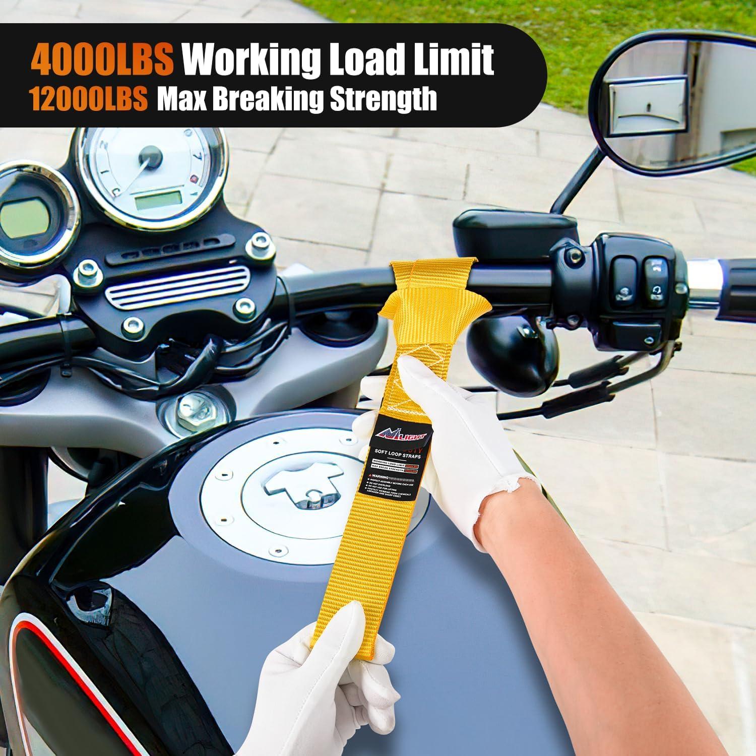 imageNilight Soft Loop 1717quot Motorcycle Tie Down Straps Heavy Duty 12000Lbs Max Break Strength for Securing ATV UTV Kayak Moving Cargo 8PKBlackYellow