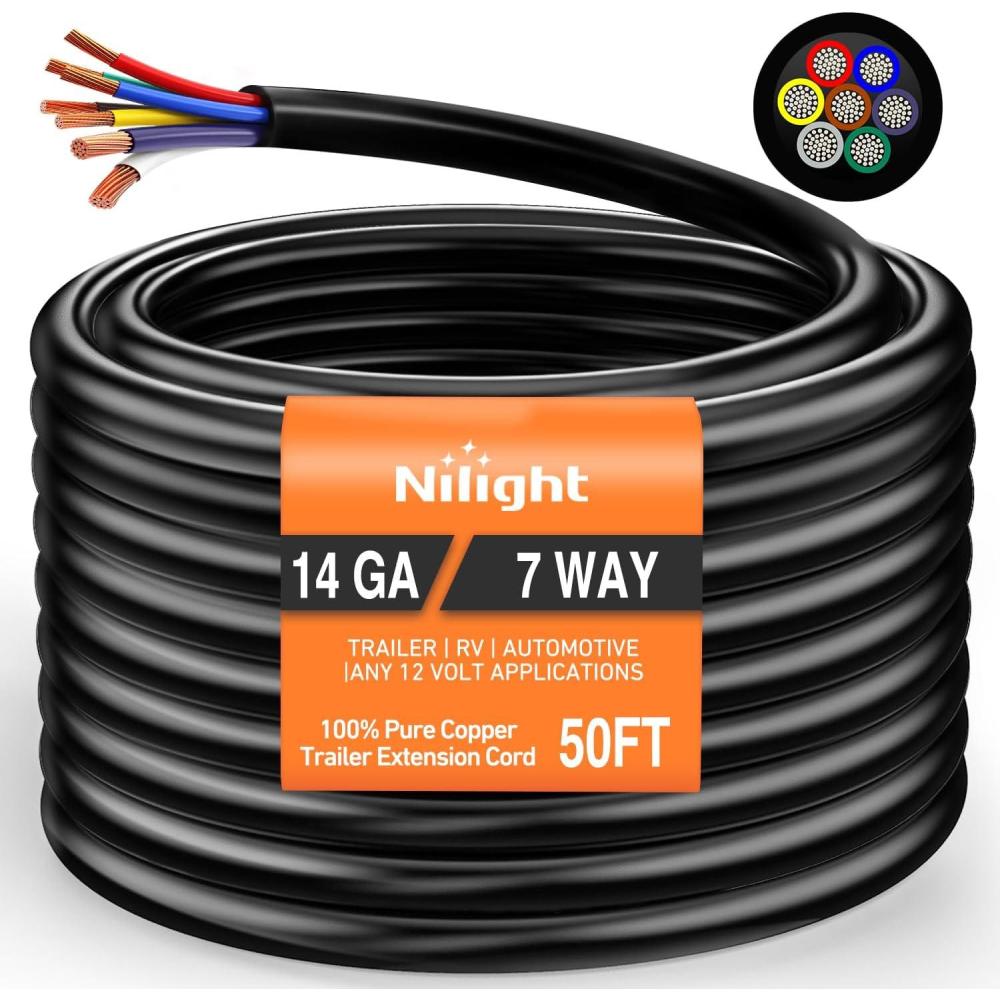 imageNilight 7Way 16FT 7 Way Trailer Extension Cord Heavy Duty Plug Inline Cord 16 FT for Truck Camper Blade Molded RV Cable Wire Weatherproof Corrosion Resistant 7 Pin Trailer Plug Wire HarnessTraditional SAE Trailer Cord 50FT