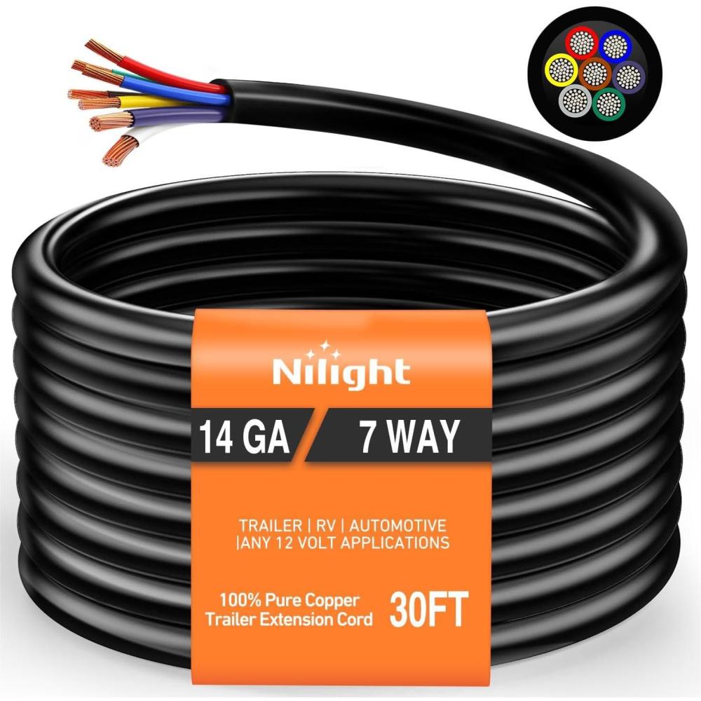 imageNilight 7Way 16FT 7 Way Trailer Extension Cord Heavy Duty Plug Inline Cord 16 FT for Truck Camper Blade Molded RV Cable Wire Weatherproof Corrosion Resistant 7 Pin Trailer Plug Wire HarnessTraditional SAE Trailer Cord 30FT
