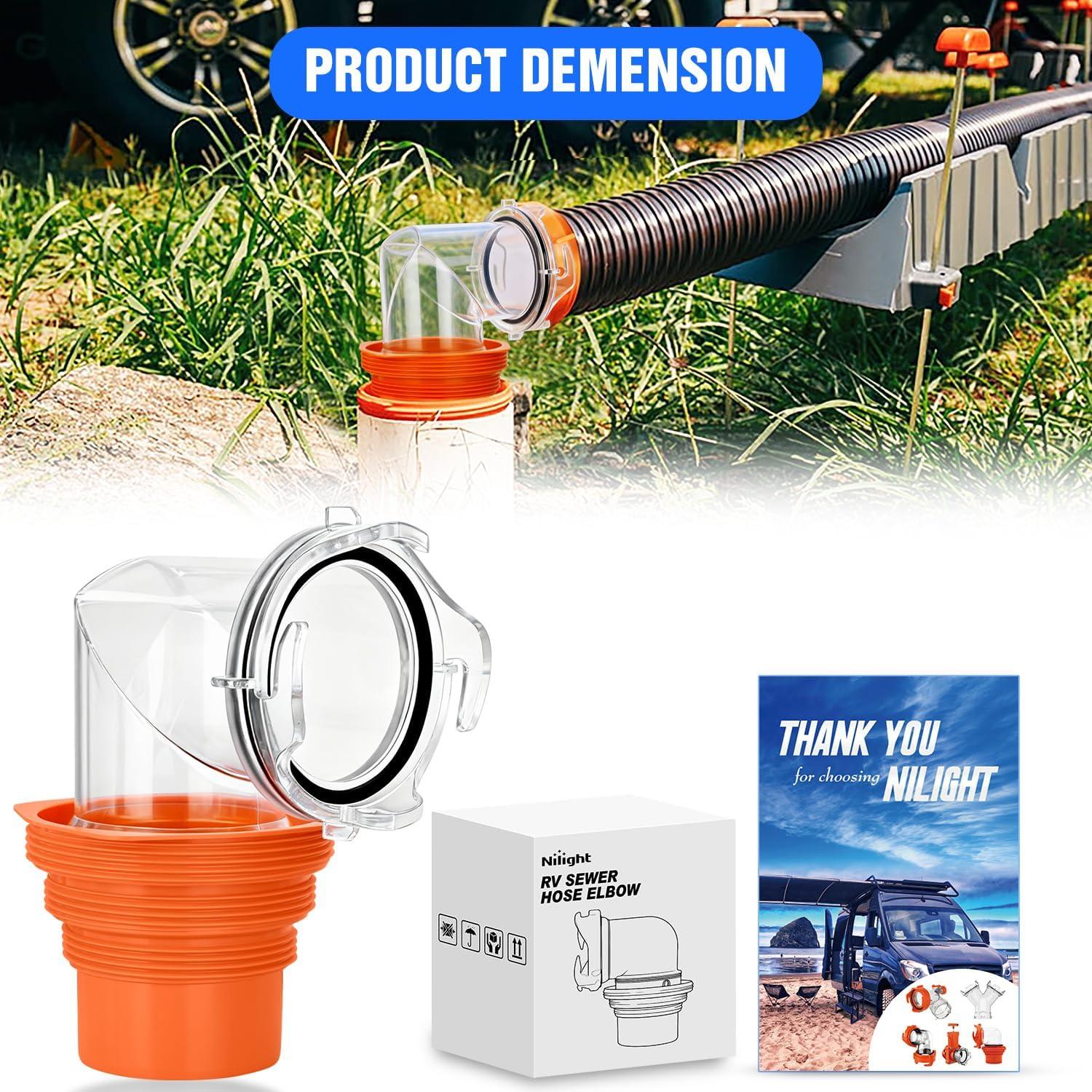 imageNilight 90 Degree RV Sewer Hose Fittings with 4in1 Adapter Clear RV Sewer Hose Elbow LeakProof Connection ampamp OdorTight Seal Fits 4 Sizes of Dump Station Inlets for Campers Travel Trailers Orange