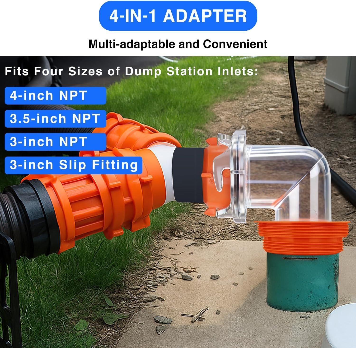imageNilight 90 Degree RV Sewer Hose Fittings with 4in1 Adapter Clear RV Sewer Hose Elbow LeakProof Connection ampamp OdorTight Seal Fits 4 Sizes of Dump Station Inlets for Campers Travel Trailers Orange