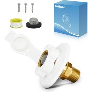 Nilight RV City Water Inlet with Check Valve 1/2″ NPT Male to 3/4″ GHT Female Brass City Water Fill Inlet Flange Connection Fittings for RV Camper Trailer Marine Hose Water Connector Replacement White